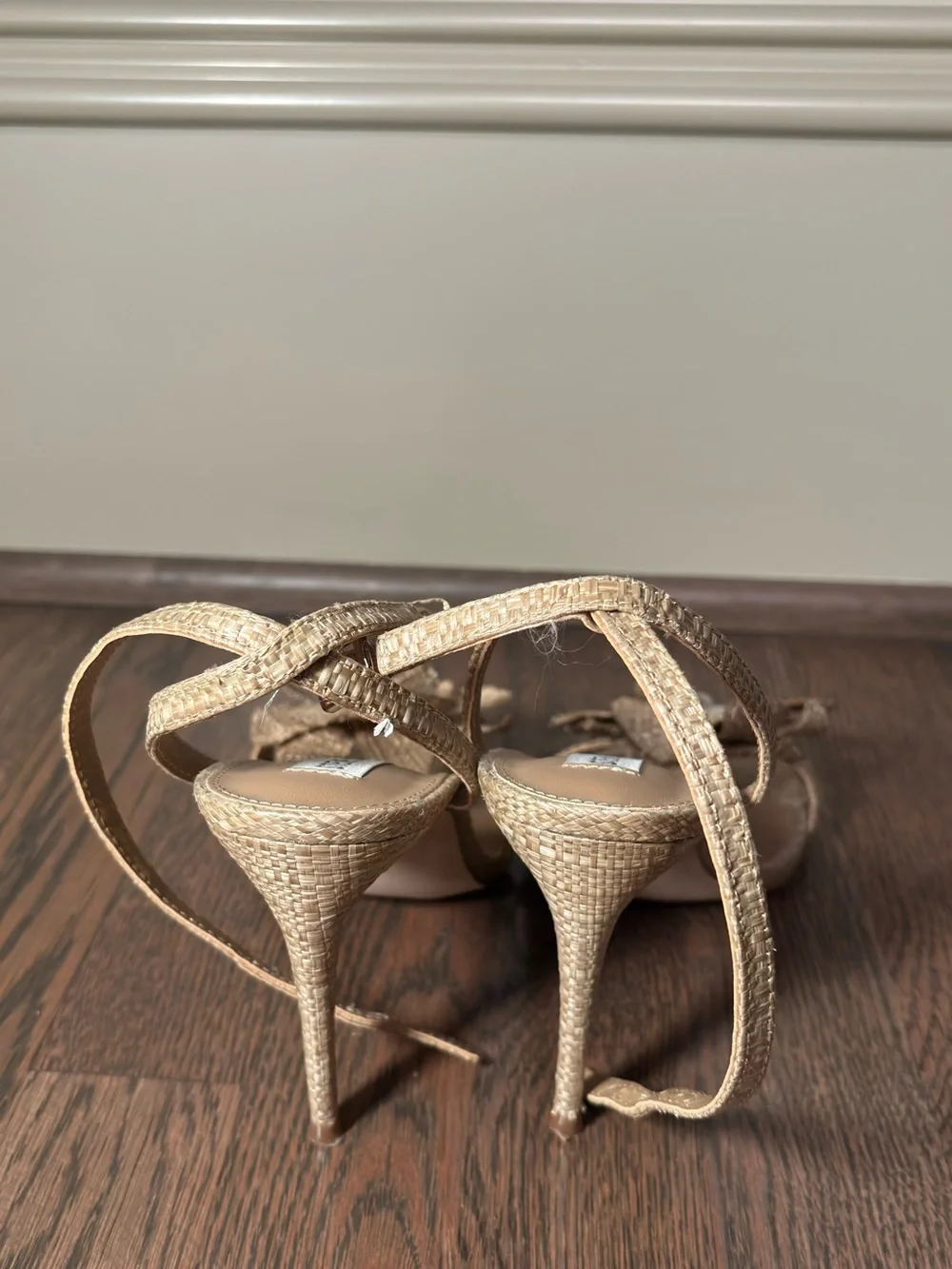 Steve Madden Tan Woven Floral Slingback Heels with Pearl Accents